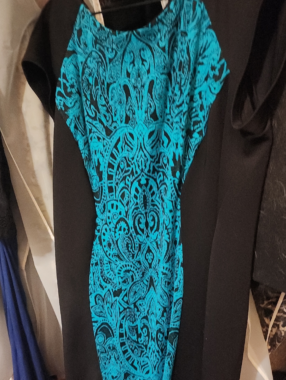 Black Midi Dress with Teal Patterned Front Panel